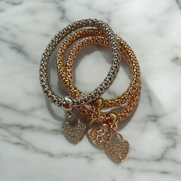 Jewelry - Designer Inspired Mesh Stretch Bracelet Set w/ Crystal Heart Charm Tri-Color Set